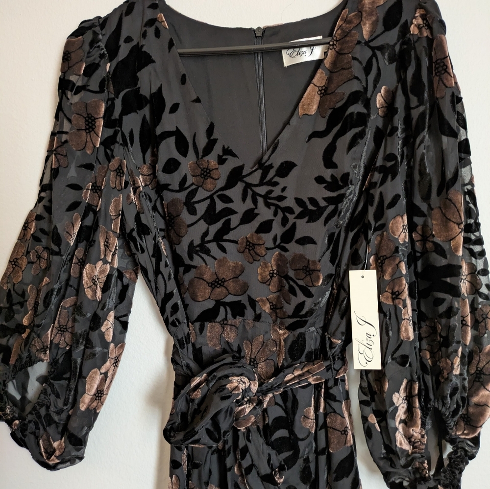 Eliza J Floral Velvet Burnout High-Low Gown Dress Balloon Sleeve Size 10 NWT - Picture 3 of 7